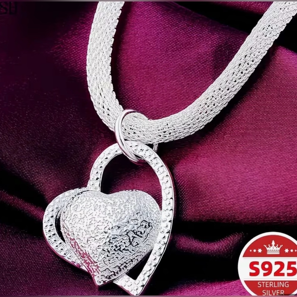 Sterling Silver Frosted Double Heart Necklace